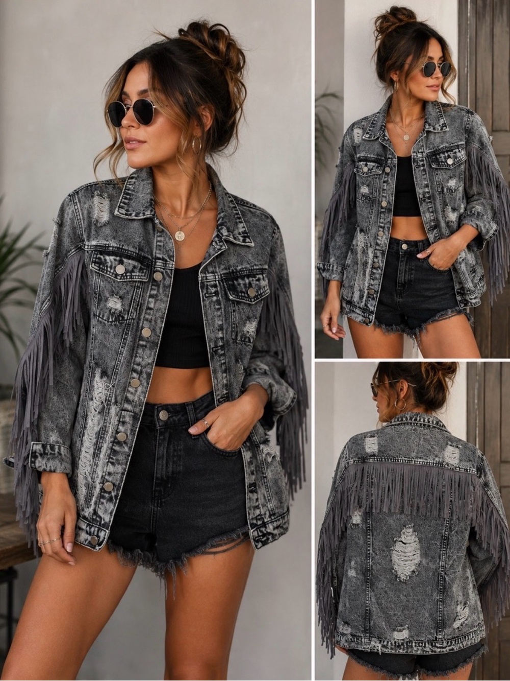 Fringe-Trim Distressed Jean Jacket - acid Washed Black